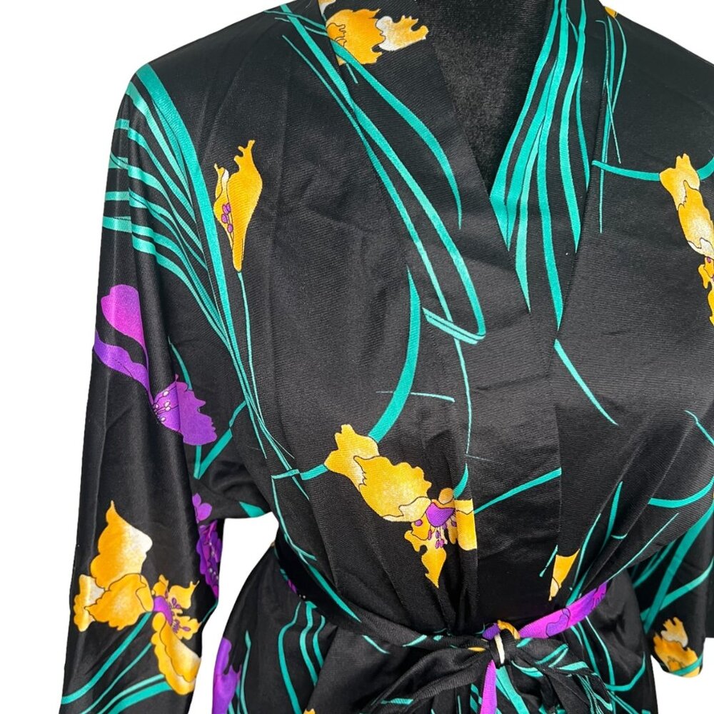 Vintage Kamehameha Floral Robe Hawaiian Belted Black Original Tropical Size L - Picture 6 of 10